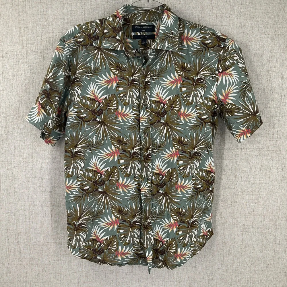 Banana Republic Button Up Shirt Mens S Green Linen Tropical Slim Fit Resort‎